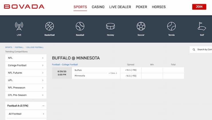 Odds display from Bovada, a major player among Iowa online sportsbooks.